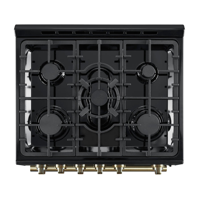 Forno Espresso 30” Gas Range in Black with Antique Brass Handles, FFSGS1116-30BLK