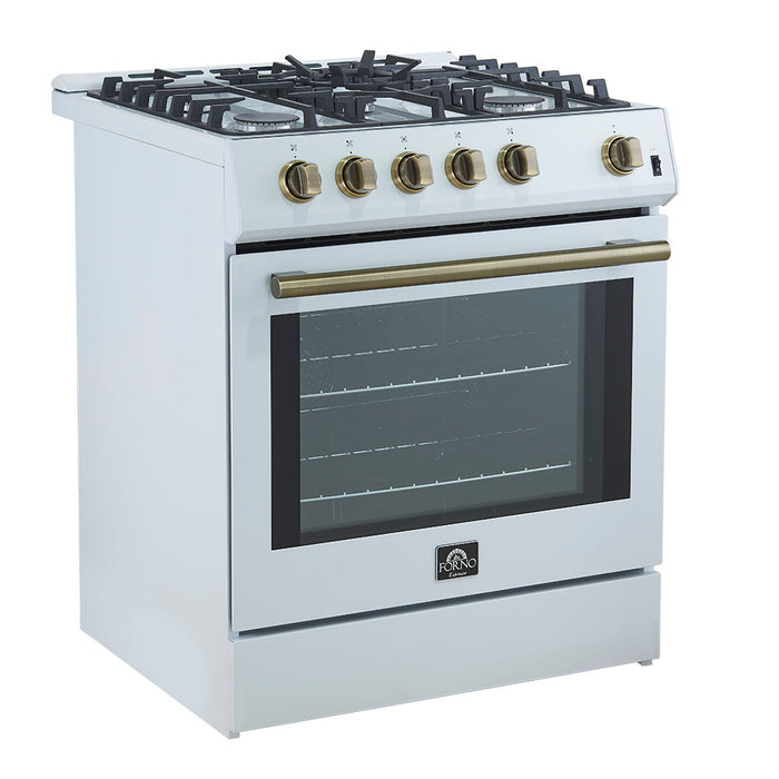 Forno Espresso 30” Gas Range in White with Antique Brass Handles, FFSGS1116-30WHT