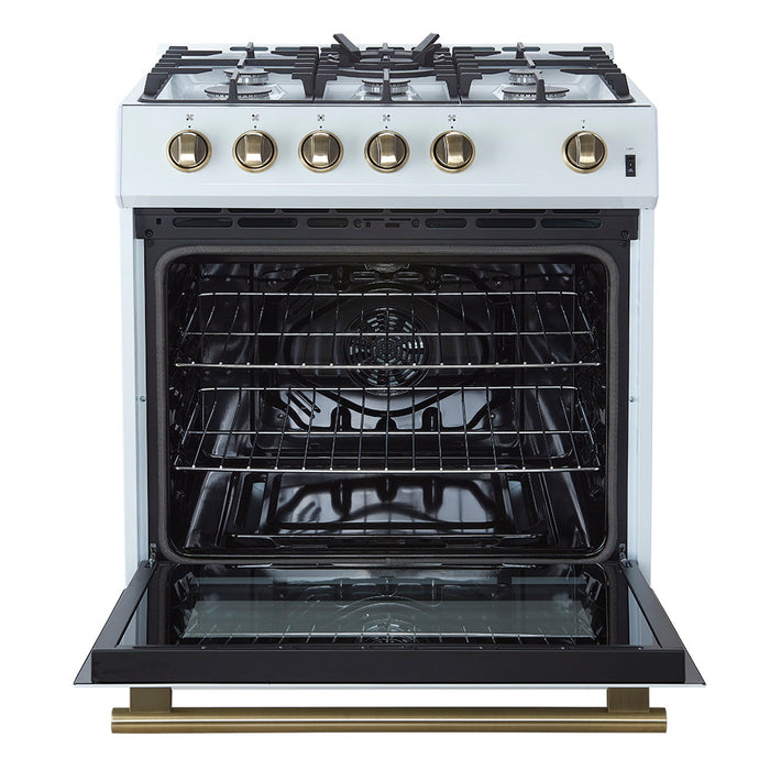 Forno Espresso 30” Gas Range in White with Antique Brass Handles, FFSGS1116-30WHT