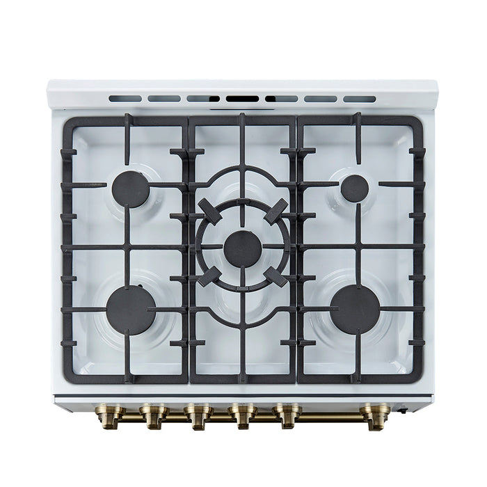 Forno Espresso 30” Gas Range in White with Antique Brass Handles, FFSGS1116-30WHT