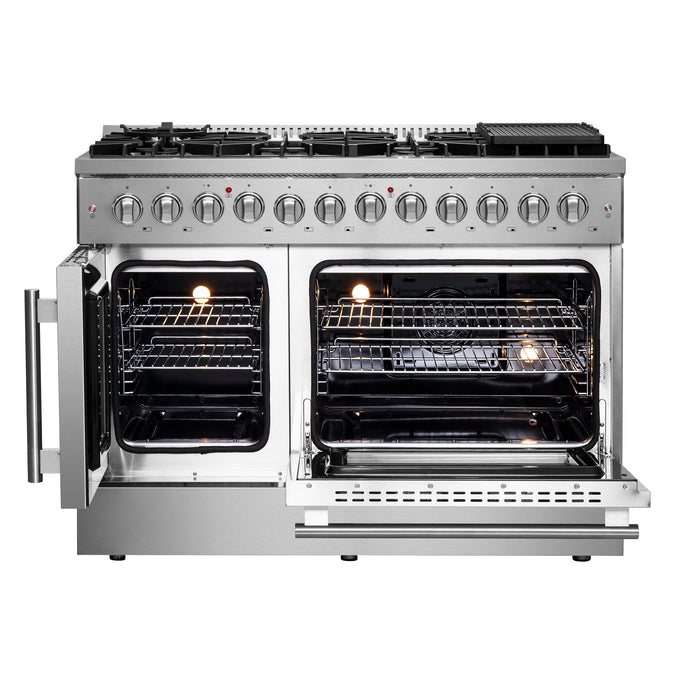 Forno 48" Gas Burner, Electric Oven Range With French Door in Stainless Steel, FFSGS6356-48