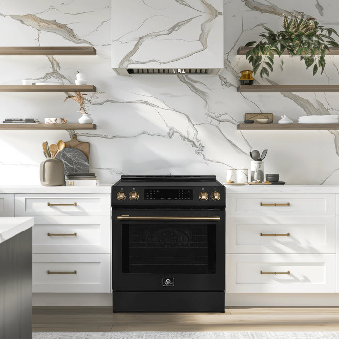 Forno Espresso 30" Induction Range with Air Fry and Self-Clean in Black and Antique Brass Handles, FFSIN0905-30BLK