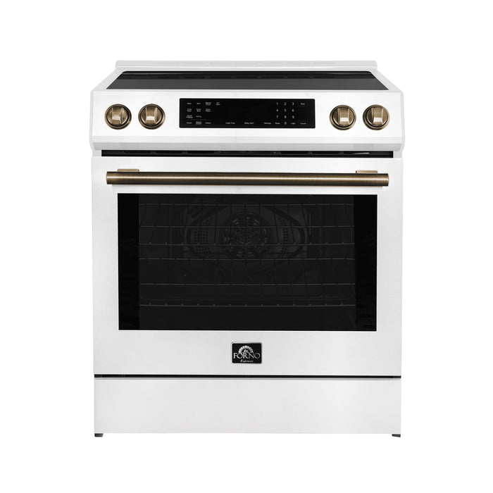 Forno Espresso 30" Induction Range with Air Fry and Self-Clean in White and Antique Brass Handles, FFSIN0905-30WHT