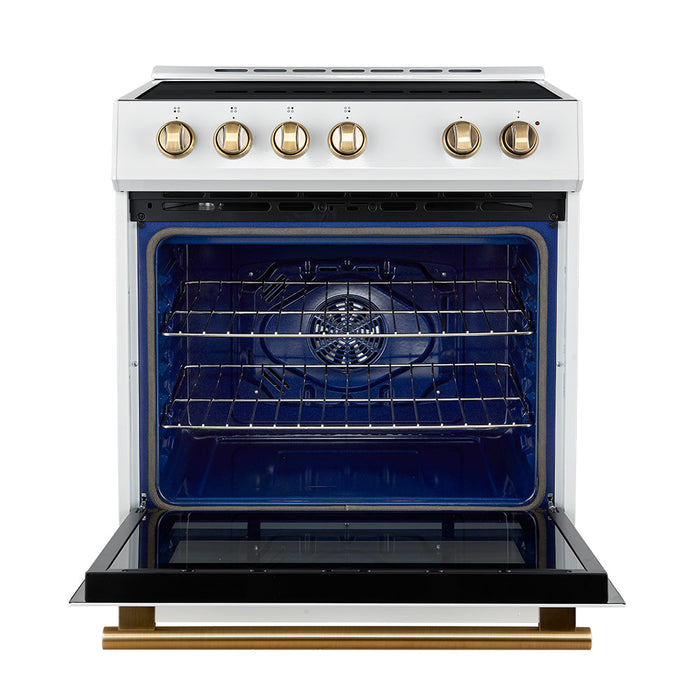 Forno 30” Induction Range with Knob Control in White and Antique Brass Accents, FFSIN0982-30WHT