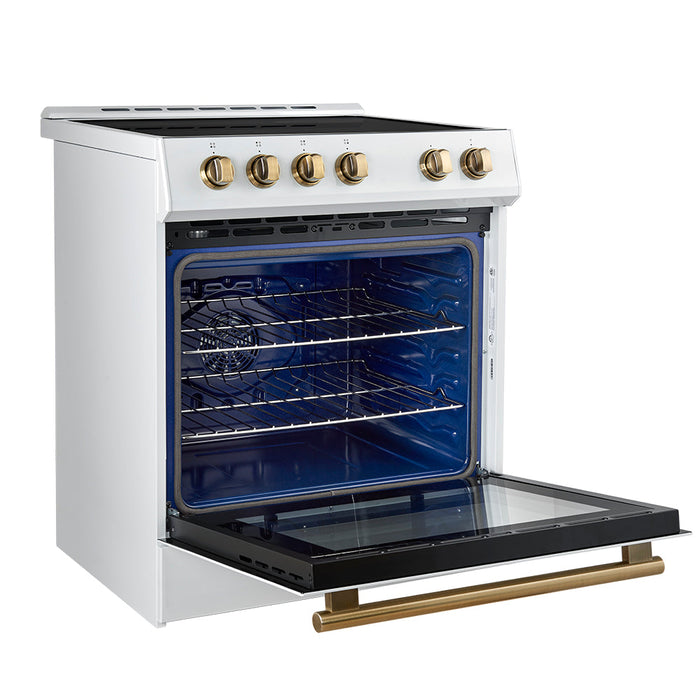 Forno 30” Induction Range with Knob Control in White and Antique Brass Accents, FFSIN0982-30WHT