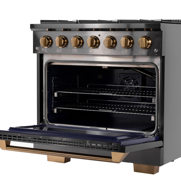 Kucht Gemstone Professional 36" 5.2 cu. ft. Natural Gas Range in Titanium Stainless Steel with Gold Accents, KEG363