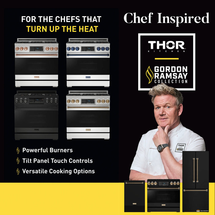 Thor Kitchen Gordon Ramsay 3-Piece Appliance Package - 30-Inch Gas Range with Tilt Panel, Refrigerator, and Dishwasher in Stainless Steel with Bronze Trim