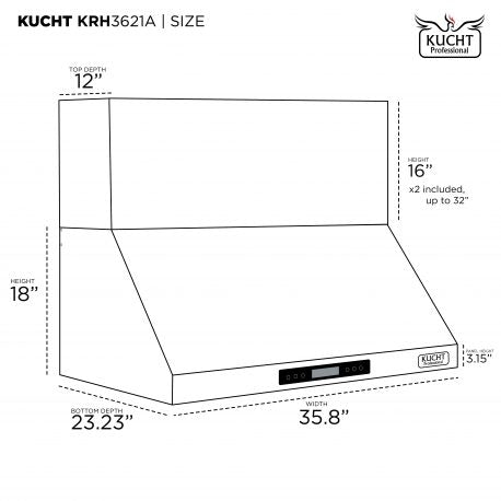 Kucht Professional 36" Wall Mount Range Hood 900 CFM in Stainless Steel, KRH3621A