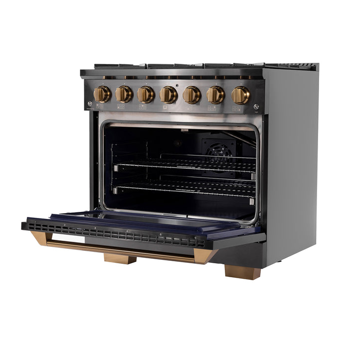 Kucht Gemstone Professional 36" 5.2 cu. ft. Dual Fuel Range in Titanium Stainless Steel with Gold Accents, KED364