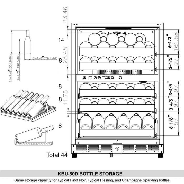 KingsBottle 44 Bottles 24 Inch Under Counter Dual Zone Wine Cooler Drinks