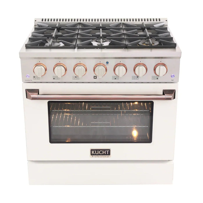 Kucht Signature 36 In. 5.2 cu ft. Propane Gas Range with White Door and Rose Gold Accents, KNG361/LP-W-ROSE