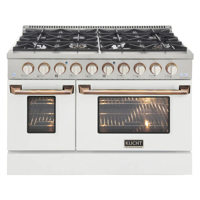 Kucht Signature 48 In. 6.7 cu ft. Propane Gas Range with White Door and Gold Accents, KNG481/LP-W-GOLD