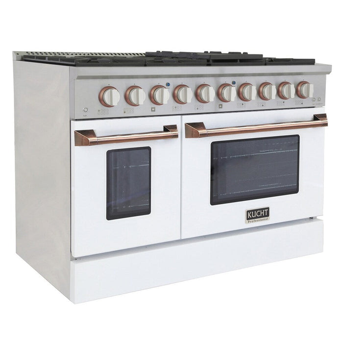 Kucht Signature 48 In. 6.7 cu ft. Propane Gas Range with White Door and Rose Gold Accents, KNG481/LP-W-ROSE