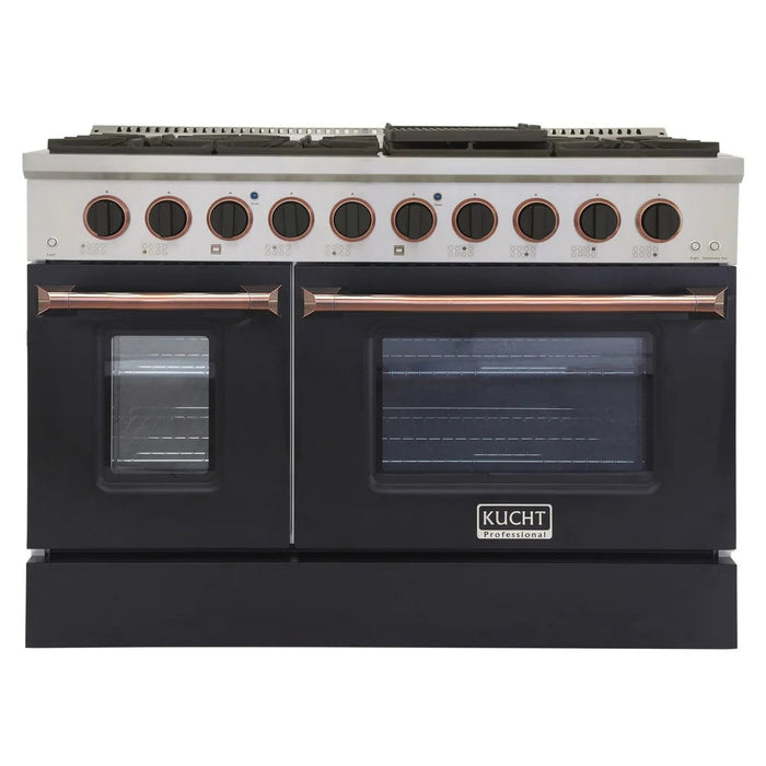 Kucht Signature 48 In. 6.7 cu ft. Propane Gas Range with Black Door and Rose Gold Accents, KNG481/LP-K-ROSE