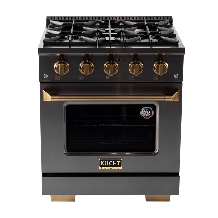 Kucht Gemstone Professional 30" 4.2 cu. ft. Dual Fuel Range in Titanium Stainless Steel with Gold Accents, KED304