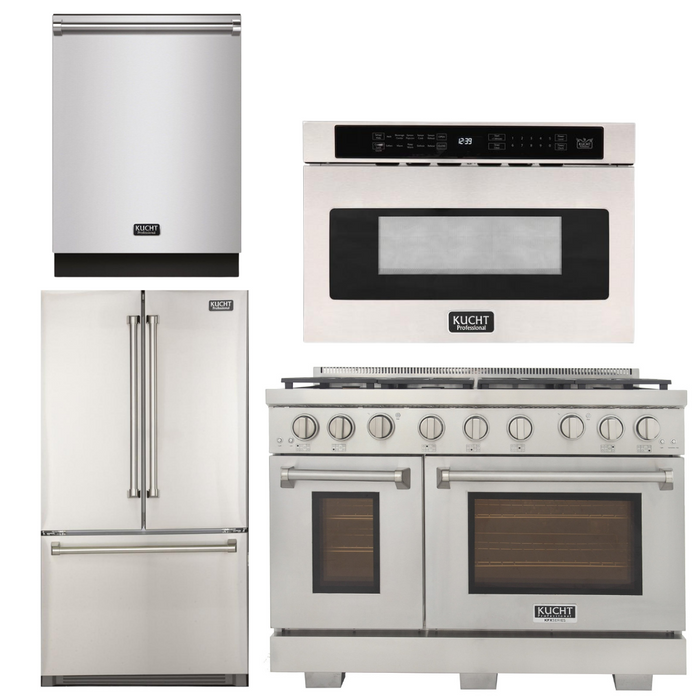 Kucht Appliance Package - 48 inch Natural Gas Range in Stainless Steel, Refrigerator, Dishwasher, Microwave Drawer, AP-KFX480-6