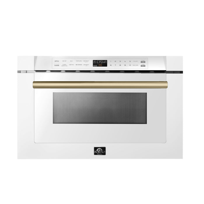 Forno Espresso 24" Built-In Microwave Drawer in White with Antique Brass Handles, FMWDR3000-24WHT