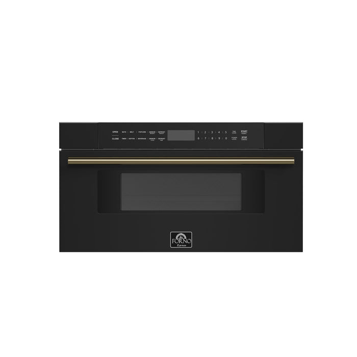 Forno Espresso 30" Built-In Microwave Drawer in Black with Antique Brass Handles, FMWDR3000-30BLK