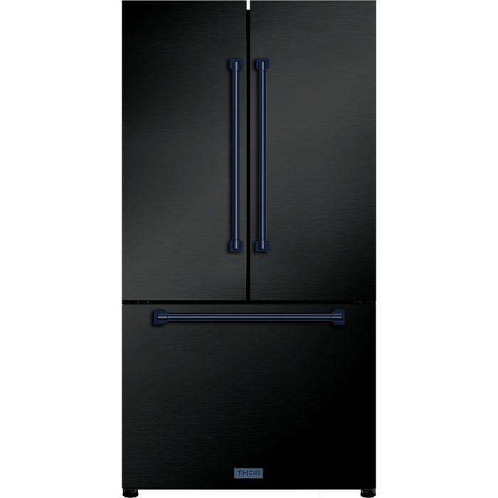 Thor Kitchen Gordon Ramsay 3-Piece Appliance Package - 36-Inch Gas Range with Tilt Panel, Refrigerator, and Dishwasher in Black with Blue Trim