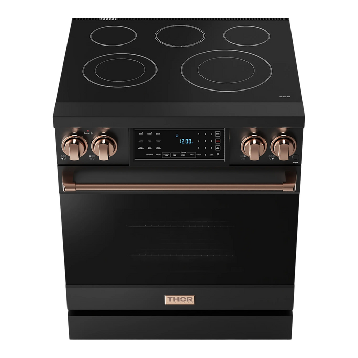 Thor Kitchen Gordon Ramsay 3-Piece Appliance Package - 30-Inch Electric Range with Tilt Panel Touch Control, Refrigerator, and Dishwasher in Black with Rose Gold Trim