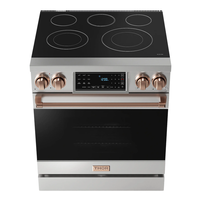 Thor Kitchen Gordon Ramsay 3-Piece Appliance Package - 30-Inch Electric Range with Tilt Panel Touch Control, Refrigerator, and Dishwasher in Stainless Steel with Rose Gold Trim