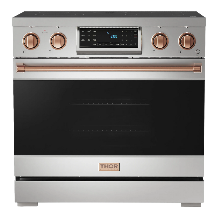 Thor Kitchen Gordon Ramsay 3-Piece Appliance Package - 36-Inch Electric Range with Tilt Panel Touch Control, Refrigerator, and Dishwasher in Stainless Steel with Rose Gold Trim