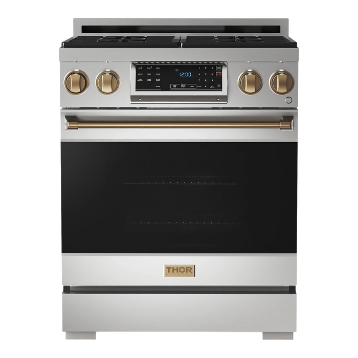 Thor Kitchen Gordon Ramsay 3-Piece Appliance Package - 30-Inch Gas Range with Tilt Panel, Refrigerator, and Dishwasher in Stainless Steel with Bronze Trim