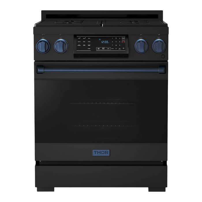 Thor Kitchen Gordon Ramsay 3-Piece Appliance Package - 30-Inch Gas Range with Tilt Panel, Refrigerator, and Dishwasher in Black with Blue Trim