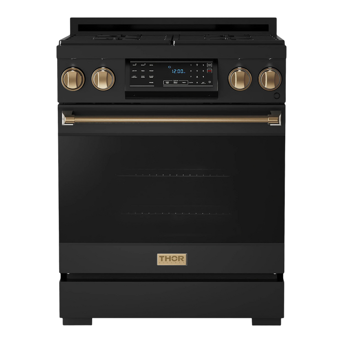 Thor Kitchen Gordon Ramsay 3-Piece Appliance Package - 30-Inch Electric Range with Tilt Panel Touch Control, Refrigerator, and Dishwasher in Black with Bronze Trim