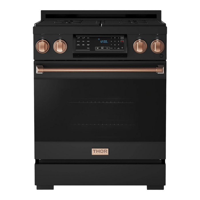 Thor Kitchen Gordon Ramsay 3-Piece Appliance Package - 30-Inch Gas Range with Tilt Panel, Refrigerator, and Dishwasher in Black with Rose Gold Trim