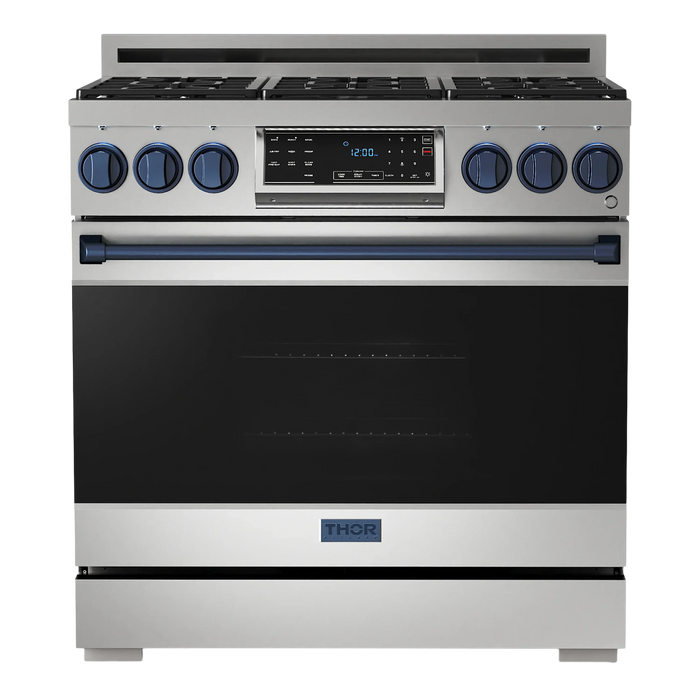 Thor Kitchen Gordon Ramsay Series 36-Inch Professional Gas Range with Tilt Panel Touch Control in Stainless Steel with Navy Blue Trim (RSG36-BLU)