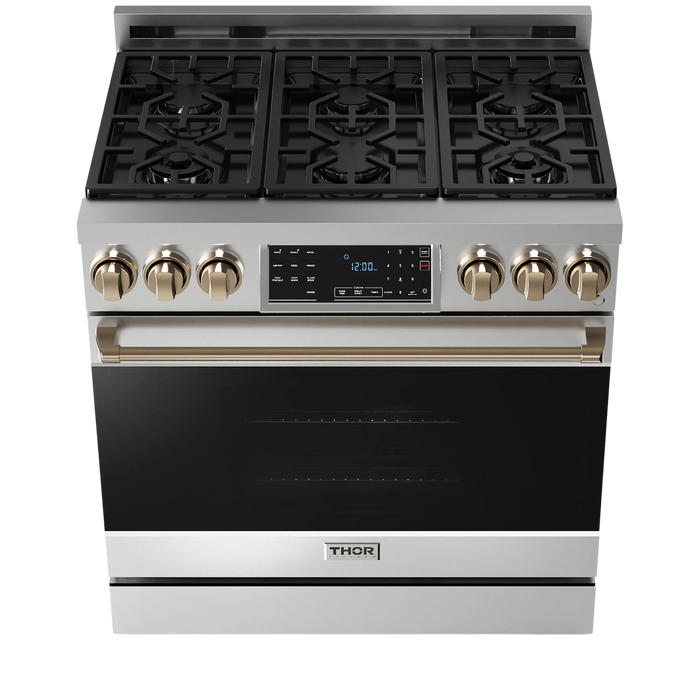 Thor Kitchen Gordon Ramsay Series 36-Inch Professional Gas Range with Tilt Panel Touch Control in Stainless Steel with Bronze Trim (RSG36-BRZ)