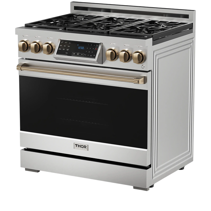 Thor Kitchen Gordon Ramsay Series 36-Inch Professional Gas Range with Tilt Panel Touch Control in Stainless Steel with Bronze Trim (RSG36-BRZ)