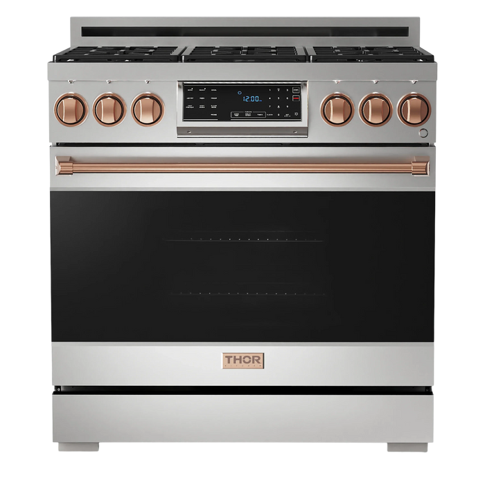 Thor Kitchen Gordon Ramsay 3-Piece Appliance Package - 36-Inch Gas Range with Tilt Panel, Refrigerator, and Dishwasher in Stainless Steel with Rose Gold Trim