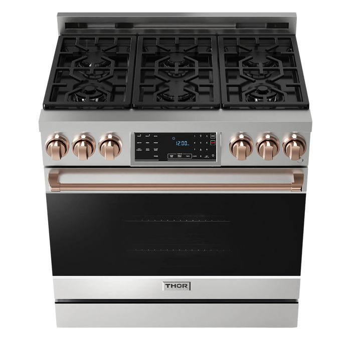 Thor Kitchen Gordon Ramsay 3-Piece Appliance Package - 36-Inch Gas Range with Tilt Panel, Refrigerator, and Dishwasher in Stainless Steel with Rose Gold Trim