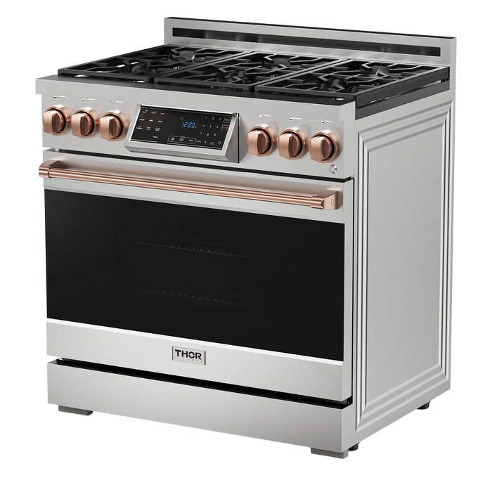 Thor Kitchen Gordon Ramsay 3-Piece Appliance Package - 36-Inch Gas Range with Tilt Panel, Refrigerator, and Dishwasher in Stainless Steel with Rose Gold Trim