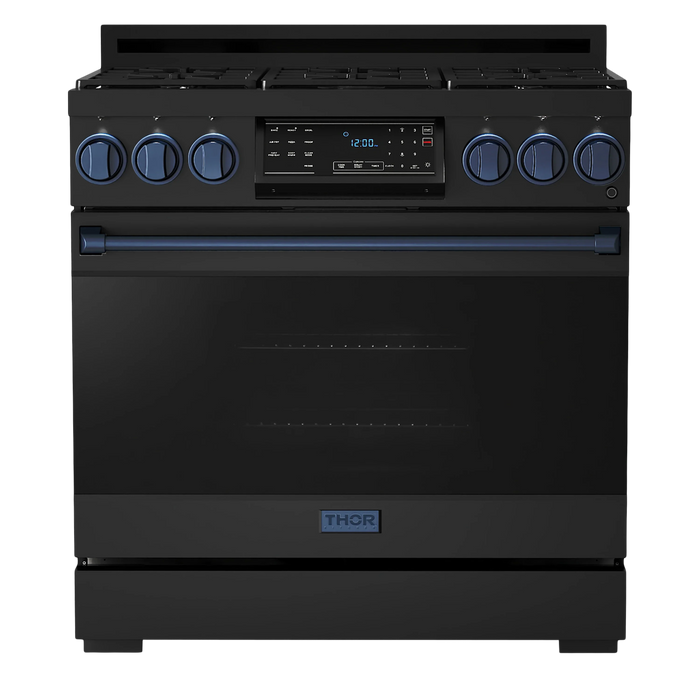 Thor Kitchen Gordon Ramsay Series 36-Inch Professional Gas Range with Tilt Panel Touch Control in Black with Navy Blue Trim (RSG36B-BLU)