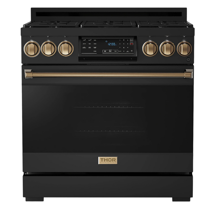 Thor Kitchen Gordon Ramsay 3-Piece Appliance Package - 36-Inch Gas Range with Tilt Panel, Refrigerator, and Dishwasher in Black with Bronze Trim