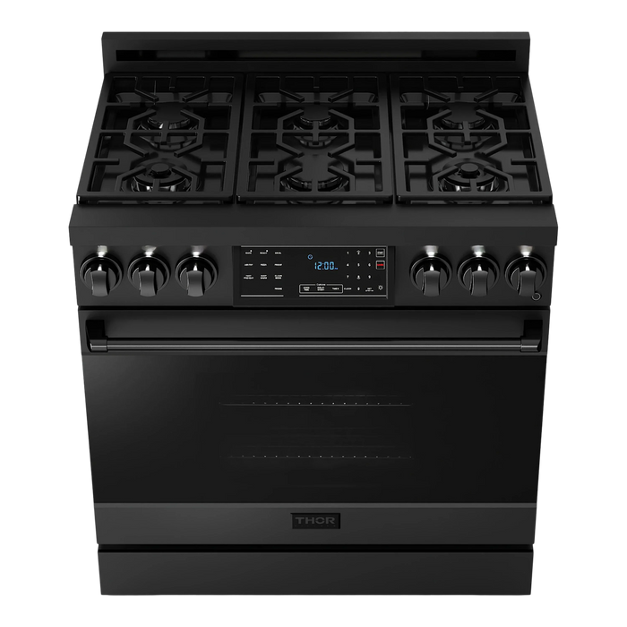 Thor Kitchen Gordon Ramsay 3-Piece Appliance Package - 36-Inch Gas Range with Tilt Panel, Refrigerator, and Dishwasher in Black