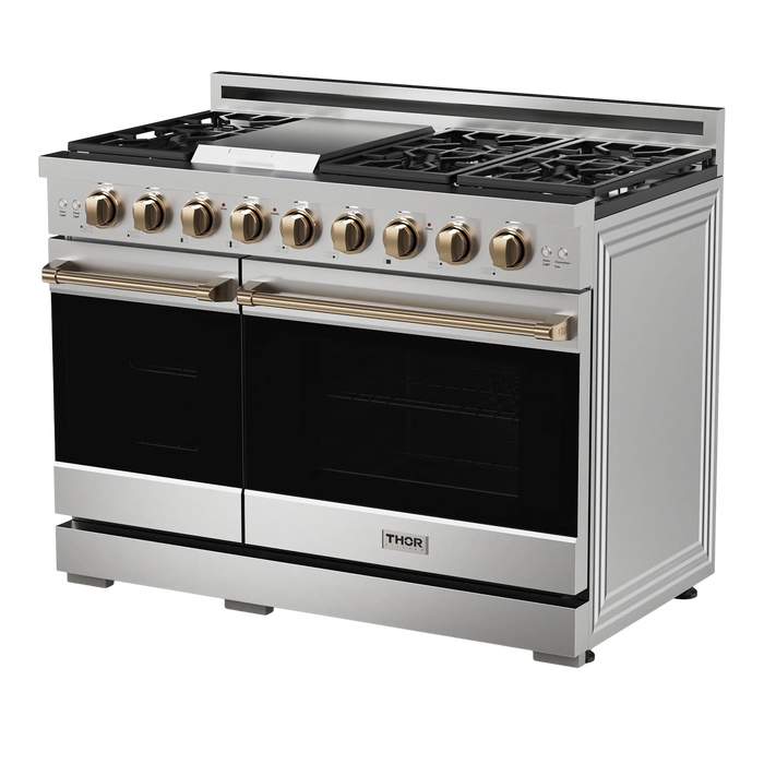 Thor Kitchen Gordon Ramsay 3-Piece Appliance Package - 48-Inch Gas Range with Double Oven, Refrigerator, and Dishwasher in Stainless Steel with Bronze Trim