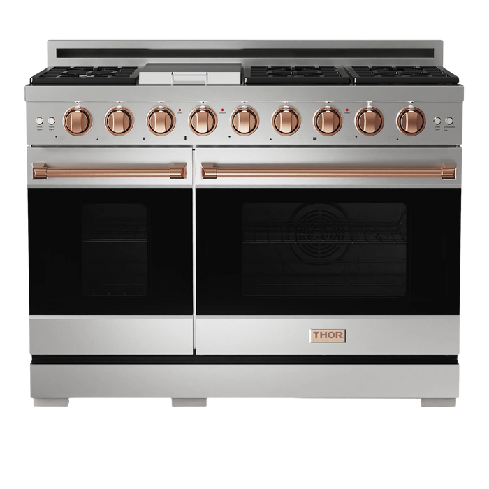 Thor Kitchen Gordon Ramsay 3-Piece Appliance Package - 48-Inch Gas Range with Double Oven, Refrigerator, and Dishwasher in Stainless Steel with Rose Gold Trim