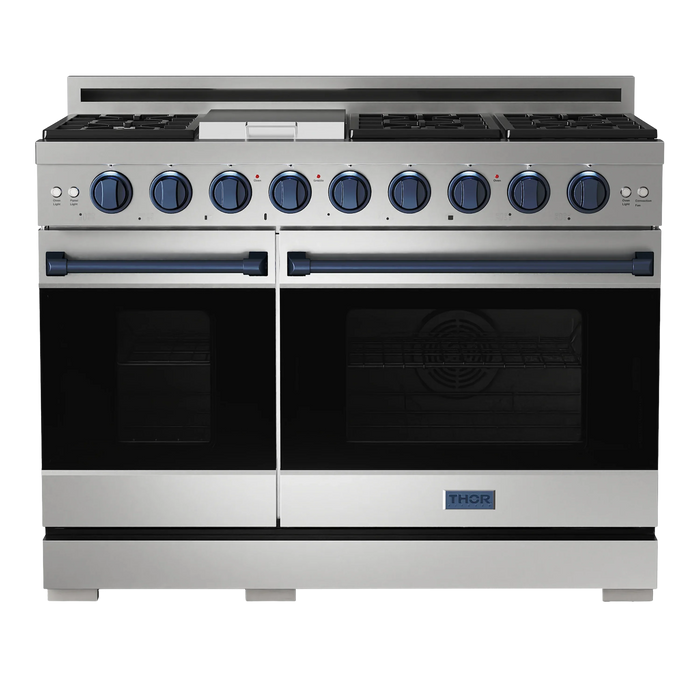 Thor Kitchen Gordon Ramsay 3-Piece Appliance Package - 48-Inch Gas Range with Double Oven, Refrigerator, and Dishwasher in Stainless Steel with Blue Trim