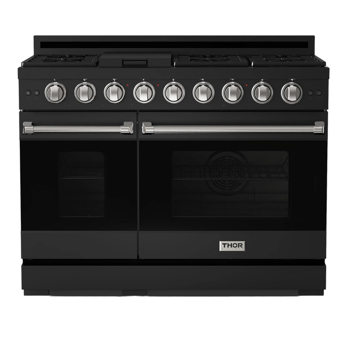 Thor Kitchen Gordon Ramsay 3-Piece Appliance Package - 48-Inch Gas Range with Double Oven, Refrigerator, and Dishwasher in Black with Stainless Steel Trim