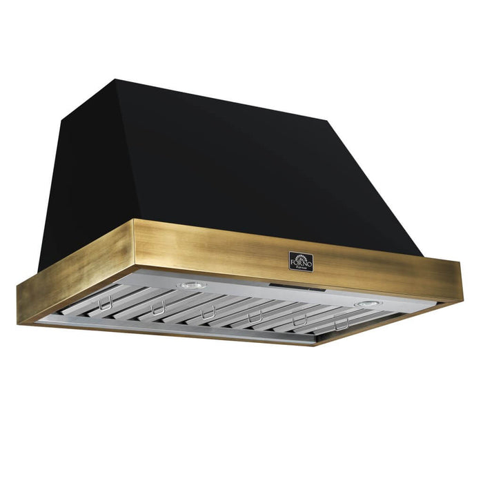 Forno Espresso 36" 600 CFM Wall Mount Range Hood in Black and Antique Brass Trim with Remote Control, FRHWM5078-36BLK