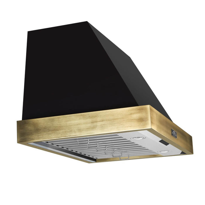 Forno Espresso 36" 600 CFM Wall Mount Range Hood in Black and Antique Brass Trim with Remote Control, FRHWM5078-36BLK