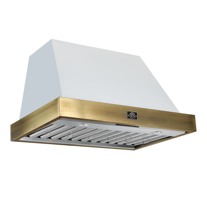 Forno Espresso 36" 600 CFM Wall Mount Range Hood in White and Antique Brass Trim with Remote Control, FRHWM5078-36WHT