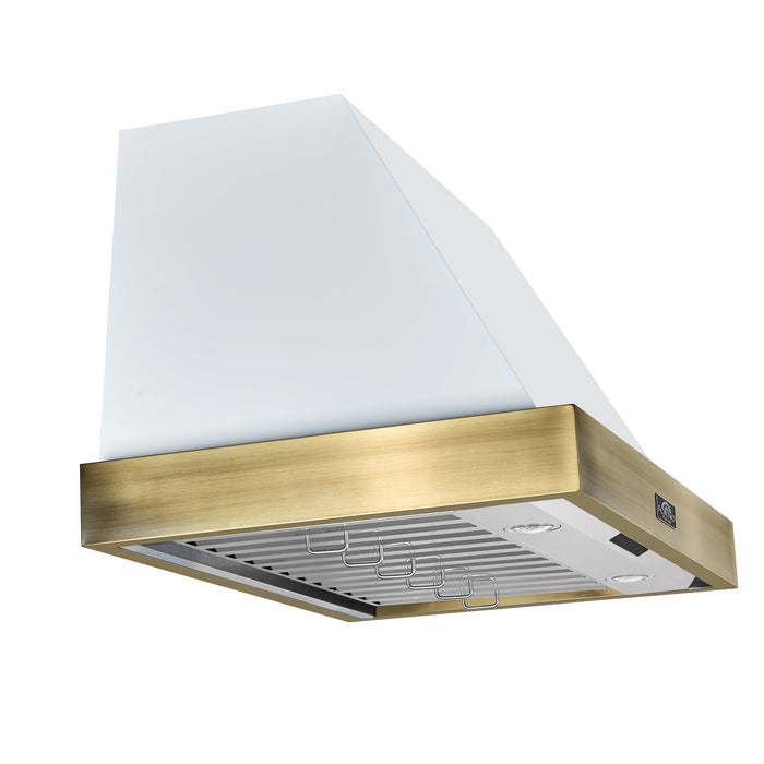 Forno Espresso 36" 600 CFM Wall Mount Range Hood in White and Antique Brass Trim with Remote Control, FRHWM5078-36WHT