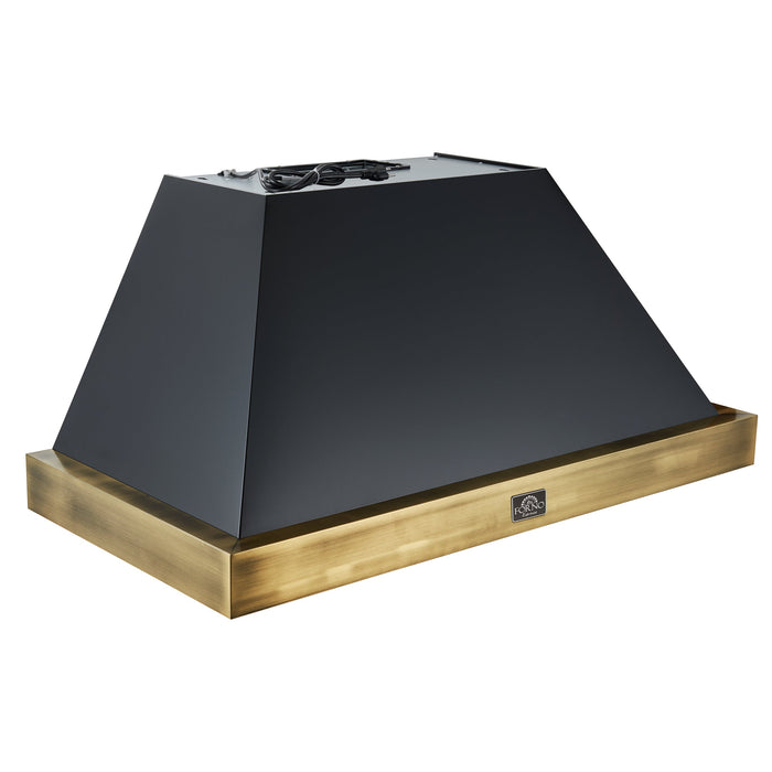 Forno Espresso 48" 600 CFM Wall Mount Range Hood in Black and Antique Brass Trim with Remote Control, FRHWM5078-48BLK