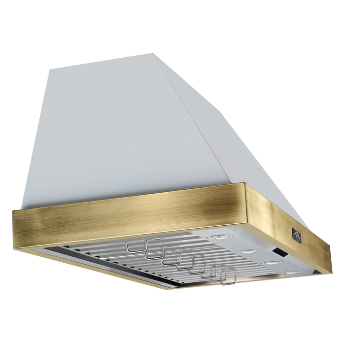 Forno Espresso 48" 600 CFM Wall Mount Range Hood in White and Antique Brass Trim with Remote Control, FRHWM5078-48WHT