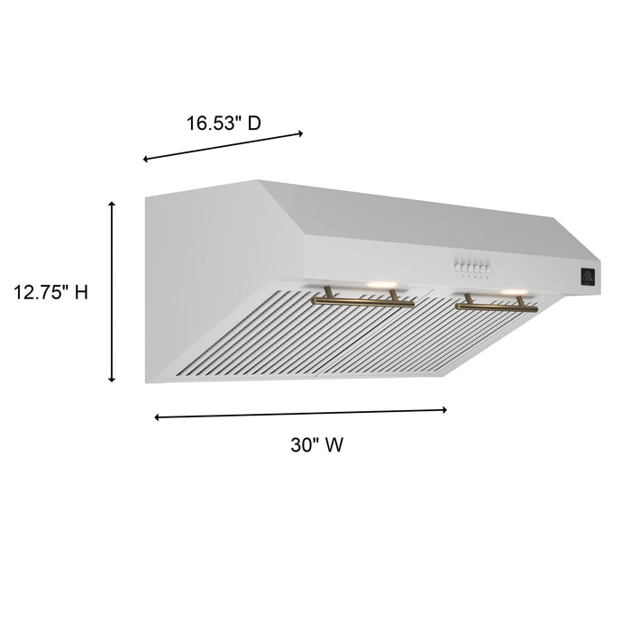 Forno Espresso 30" Under Cabinet Range Hood in White with Antique Brass Handles, FRHUC5255-30WHT